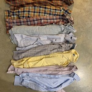 I’m selling 9 button down dress shirts. Sizes are small except yellow polo (M)